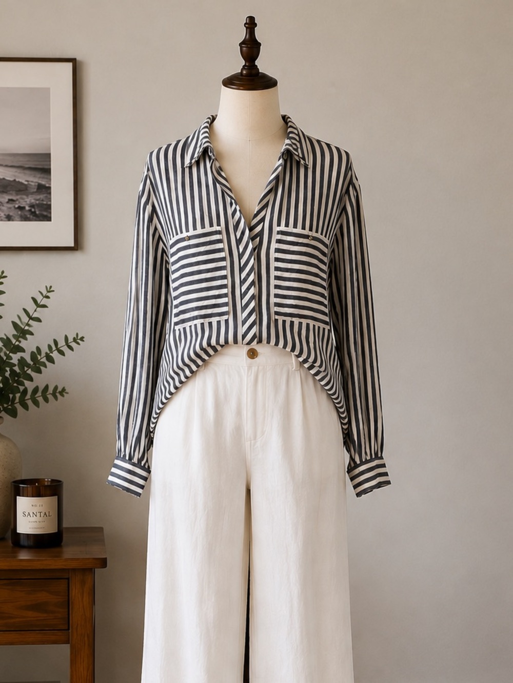 Coastal Dynamite Navy Cream Striped Shirt Size M Nautical Preppy Oversized